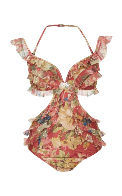Zimmermann Melody Off-the-shoulder Ruffled Floral-print Swimsuit In Multicolor