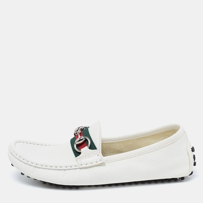 Pre-owned Gucci White Leather Horsebit Web Detail Loafers Size 37