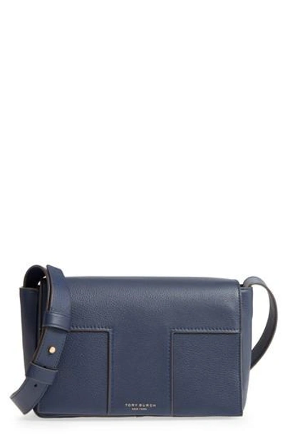 Tory Burch Block-t Pebbled Leather Shoulder Bag - Blue In Royal Navy