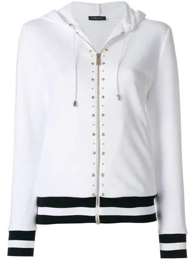 Versace Studded Stripe Detail Zipped Hoodie In White