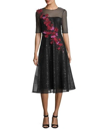 Rickie Freeman For Teri Jon Sheer 3d Floral Sequin A-line Cocktail Dress In Black Multi