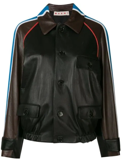 Marni Button-front Side-stripe Leather Bomber Jacket In Black