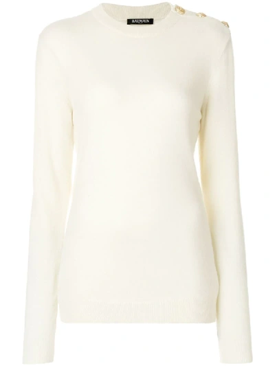 Balmain Button-shoulder Crew-neck Wool-blend Sweater In White