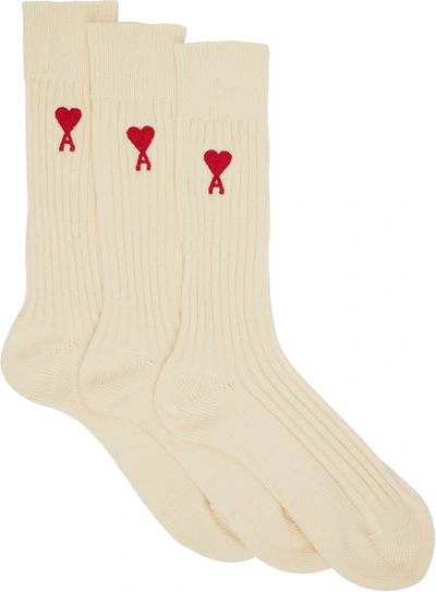 Ami Alexandre Mattiussi Three-pack Logo-embroidered Ribbed Cotton-blend Socks In Beige