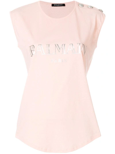 Balmain Cotton Tank With Embossed Buttons In Pink
