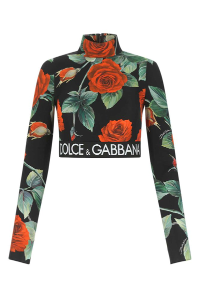 Dolce & Gabbana Logo-band Floral-print Silk Charmeuse Crop Top In Black,red,green