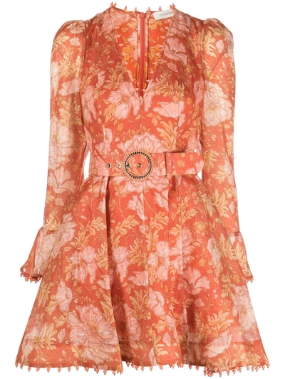 Zimmermann Kaleidoscope Belted Embellished Floral-print Linen And Silk-blend Mini Dress In Arancione