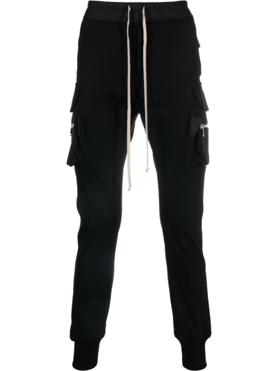 Rick Owens Mastodon Slim-fit Tapered Cotton-jersey Cargo Drawstring Trousers In Black