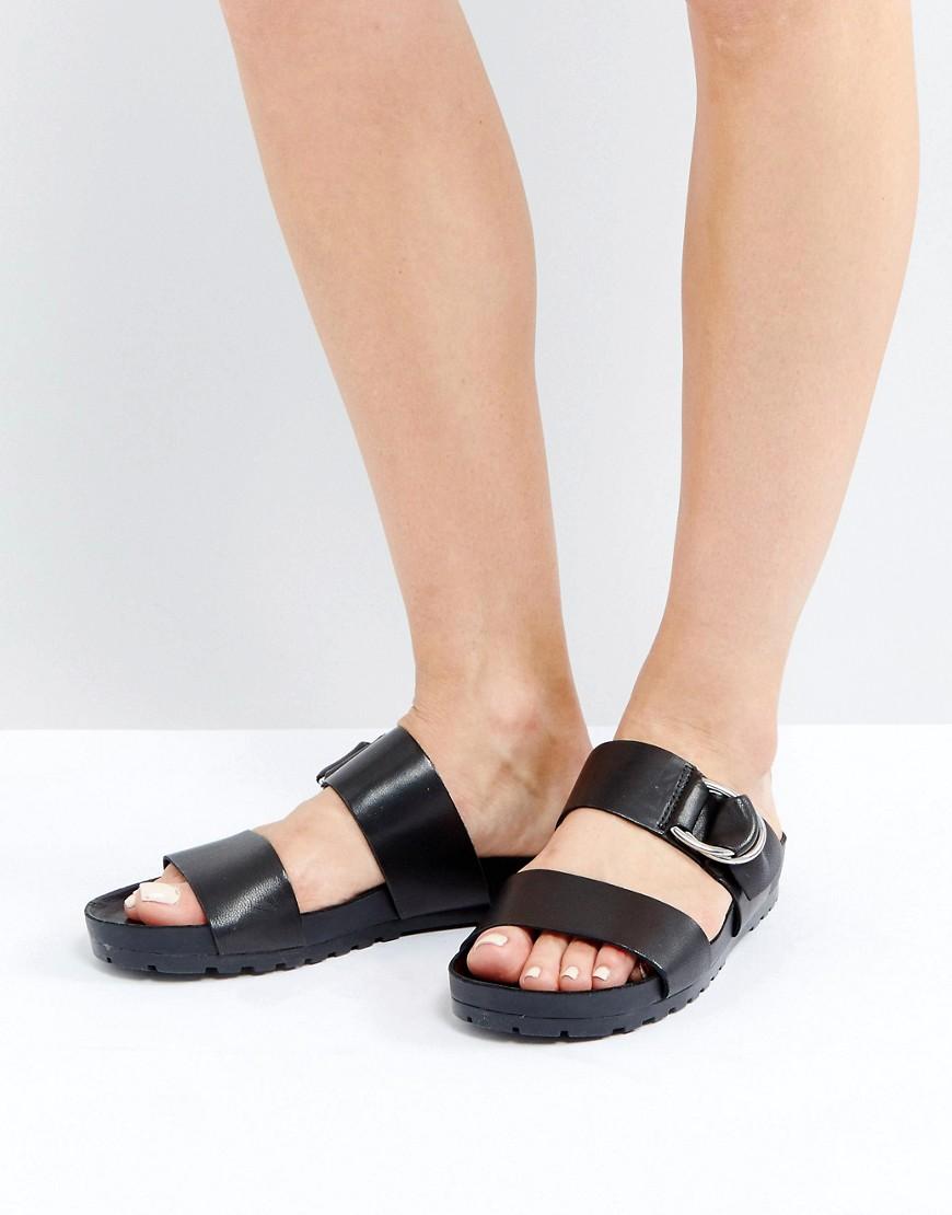 Vagabond Erie Black Leather Flat Slide Sandals - Black | ModeSens