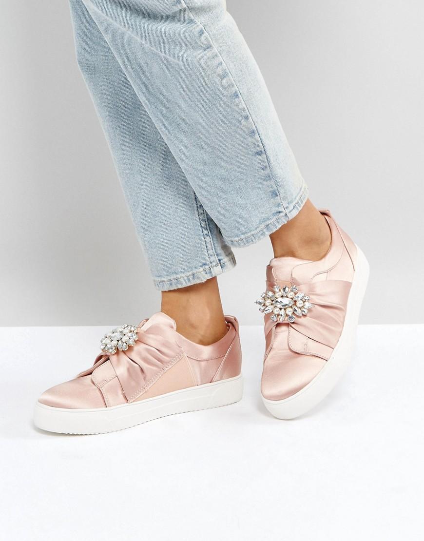 New Look Embellished Brooch Satin Sneaker - Pink | ModeSens