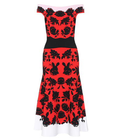 Alexander Mcqueen Off-the-shoulder Rose-intarsia Midi Dress In Multicolor