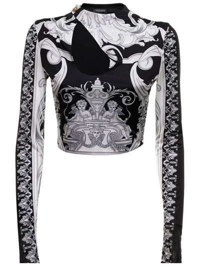 Versace Black And Gray Crop Top In Stretch Fabric With Allover Barocco Print Woman