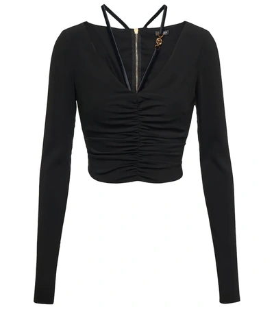 Versace Cropped Embellished Ruched Stretch-crepe Top In Black