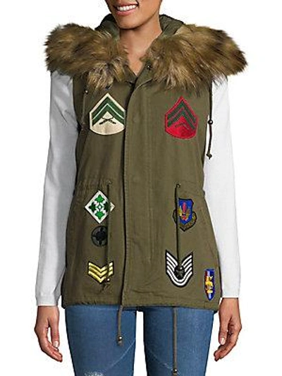 Bagatelle Faux Fur-trim Embroidered Patch Cotton Vest In Olive