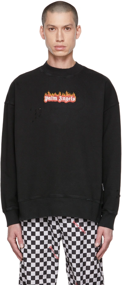 Palm Angels Black Burning Logo-print Distressed Sweatshirt