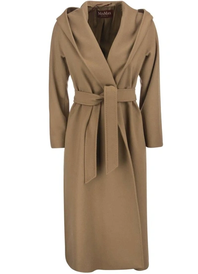 Max Mara Studio Hooded Belted Coat In Brown