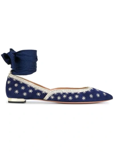 Aquazzura Bliss Embroidered Suede Ballet Flats In Blue