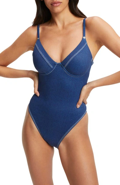 Good American Show Off Denim Print Underwire One-piece Swimsuit In Blue
