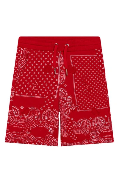 Givenchy Kids' Bandana Print Fleece Sweat Shorts In Red