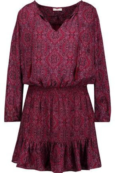 Joie Woman Kleeia Tasseled Printed Washed-silk Mini Dress Burgundy