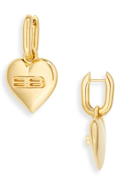 Balenciaga Bb Heart Drop Huggie Hoop Earrings In Gold