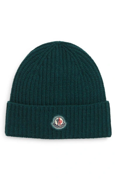 Moncler Kids' Logo Patch Wool Beanie In Green
