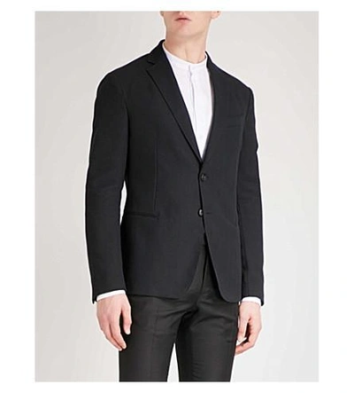 Armani Collezioni Tailored-fit Herringbone Cotton-blend Jacket In Black