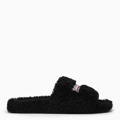 Balenciaga Black Furry Slide Thong