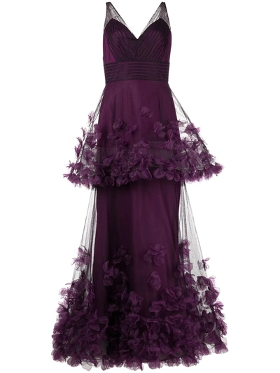 Marchesa Notte Women's Tiered Floral-appliqué Gown In Purple