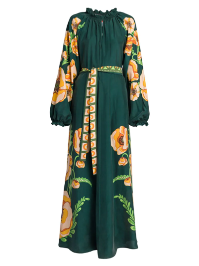 La Doublej Cerere Green Floral-print Silk-satin Dress In Poppies Green Placée