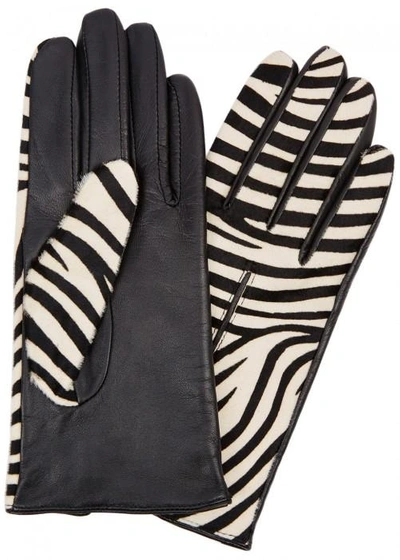 Dents Printed Calf Hair And Leather Gloves In Black And White