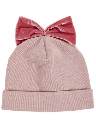 Federica Moretti Light Pink Velvet-bow Wool Beanie