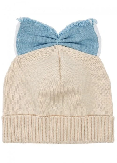 Federica Moretti Sand Bow-embellished Cotton Beanie In Cream