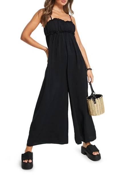 Topshop Frill Gathered Jumpsuit In Black