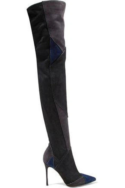 Sergio Rossi Colour-block Suede Thigh Boots In Midnight Blue