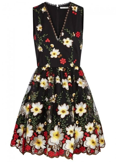 Alice And Olivia Becca Floral-embroidered Tulle Dress In Black | ModeSens
