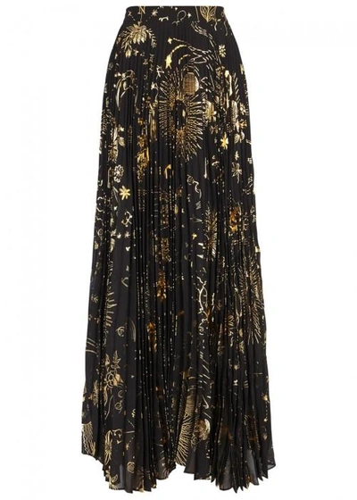 Alice And Olivia Shannon Foil-print Pleated Maxi Skirt In Black