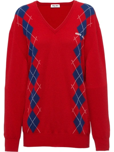 Miu Miu Oversized Argyle V-neck Wool Sweater In Red