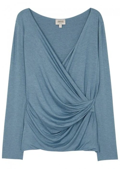 Armani Collezioni Blue Wrap-front Jersey Top In Light Blue