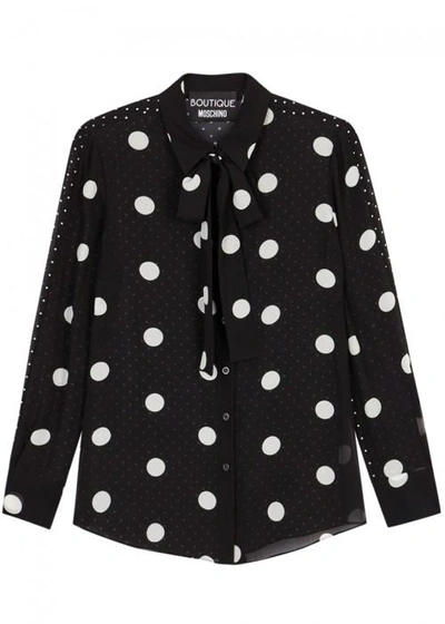 Boutique Moschino Polka-dot Silk Chiffon Blouse In Black And White