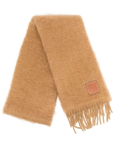 Loewe Fringed Leather-trimmed Mohair And Wool-blend Scarf In Camel
