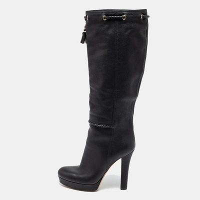 Pre-owned Gucci Black Leather Alexa Platform Knee High Boots Size 37.5
