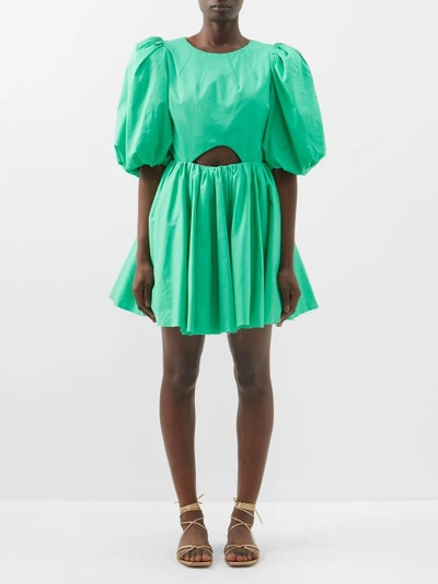 Aje Colette Puff-sleeve Cutout Cotton Mini Dress In Green-lt