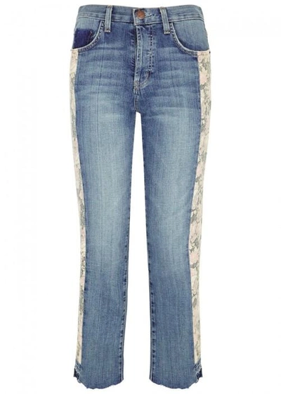 Current Elliott The Uneven Floral-print Cropped Jeans In Blue