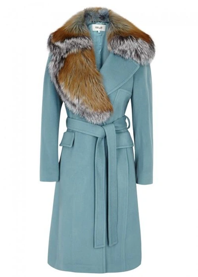 Diane Von Furstenberg Simone Fur-trimmed Wool Blend Coat In Light Blue