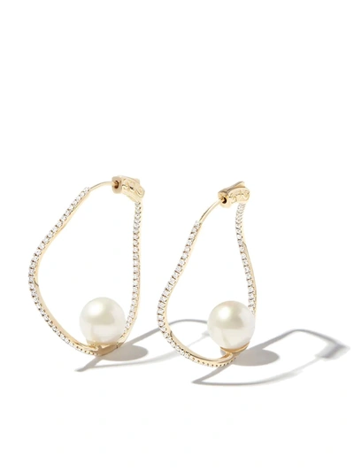 Mateo 14kt Yellow Gold Wave Diamond And Pearl Hoop Earrings