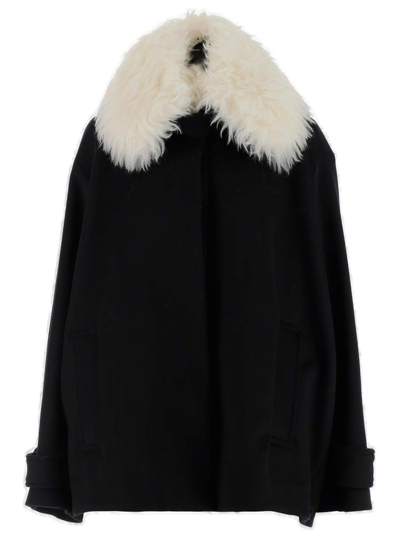 Stella Mccartney Black Wool Pea Coat With Faux Fur Collar