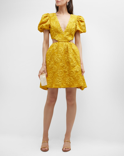 One33 Social Jacquard Cut-out Puff-sleeve Minidress In Marigold