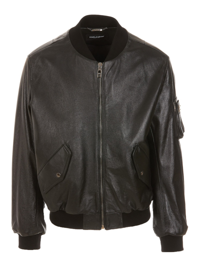 Dolce & Gabbana Logo Leather Jacket In Negro