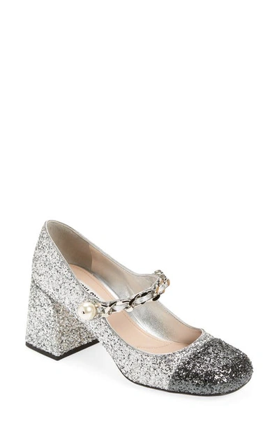 Miu Miu 65 Glittered Leather Mary Jane Pumps - Women's - Fabric/calf Leather In Argento
